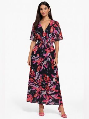 Black Floral V-Neck Maxi Dress with Sheer Fabric Pink & Red Leaves Fully Lined